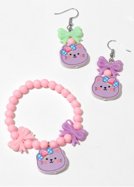 Набор детский «Выбражулька» 2 предмета: серьги, браслет, кошечка, цвет розовый 9887375