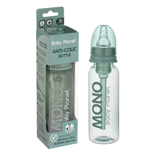 8458/1 BABY PLANET ДЕТСКАЯ БУТЫЛОЧКА MONO OLIVE С ВОЗДУХООТВОДНОЙ ТРУБОЧКОЙ И АНТИКОЛИКОВОЙ СИЛИКОНО