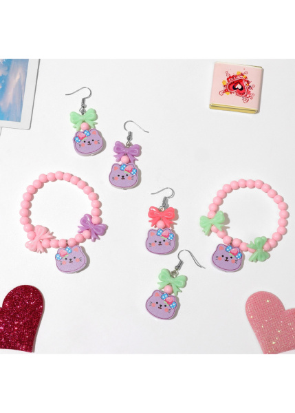 Набор детский «Выбражулька» 2 предмета: серьги, браслет, кошечка, цвет розовый 9887375
