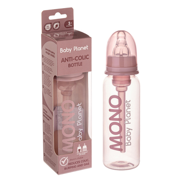8458/2 BABY PLANET ДЕТСКАЯ БУТЫЛОЧКА MONO ROSE С ВОЗДУХООТВОДНОЙ ТРУБОЧКОЙ И АНТИКОЛИКОВОЙ СИЛИКОНОВ